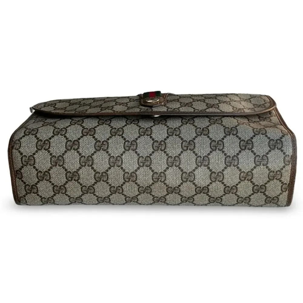 Gucci Beige GG Supreme Canvas Clutch with Brown Trim and Green-Red Web